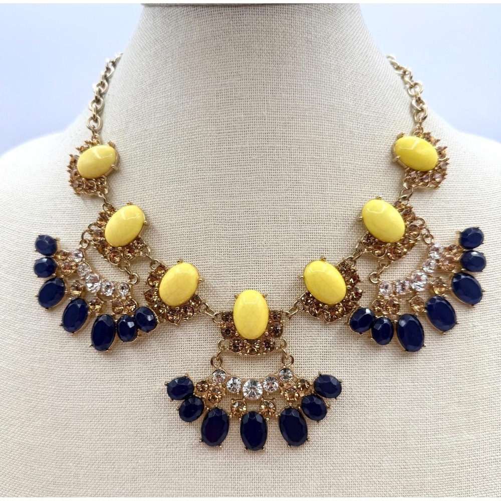 Vintage Y2K Gold Tone Statement Necklace Bold Yellow Navy Blue Cabochons Jewelry